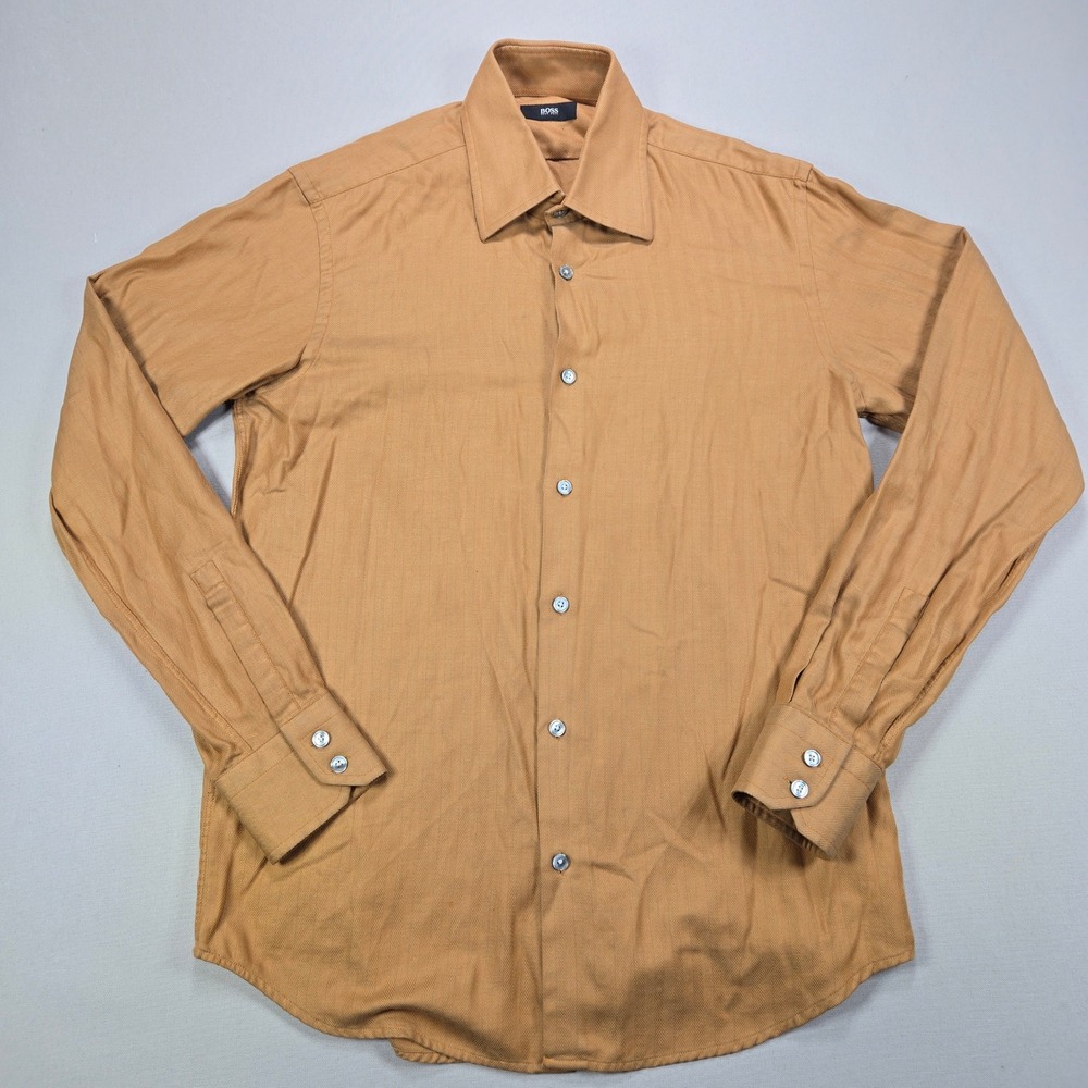 Hugo Boss Button Down Herringbone Dress Shirt Camel Tan Mens 15.75 40